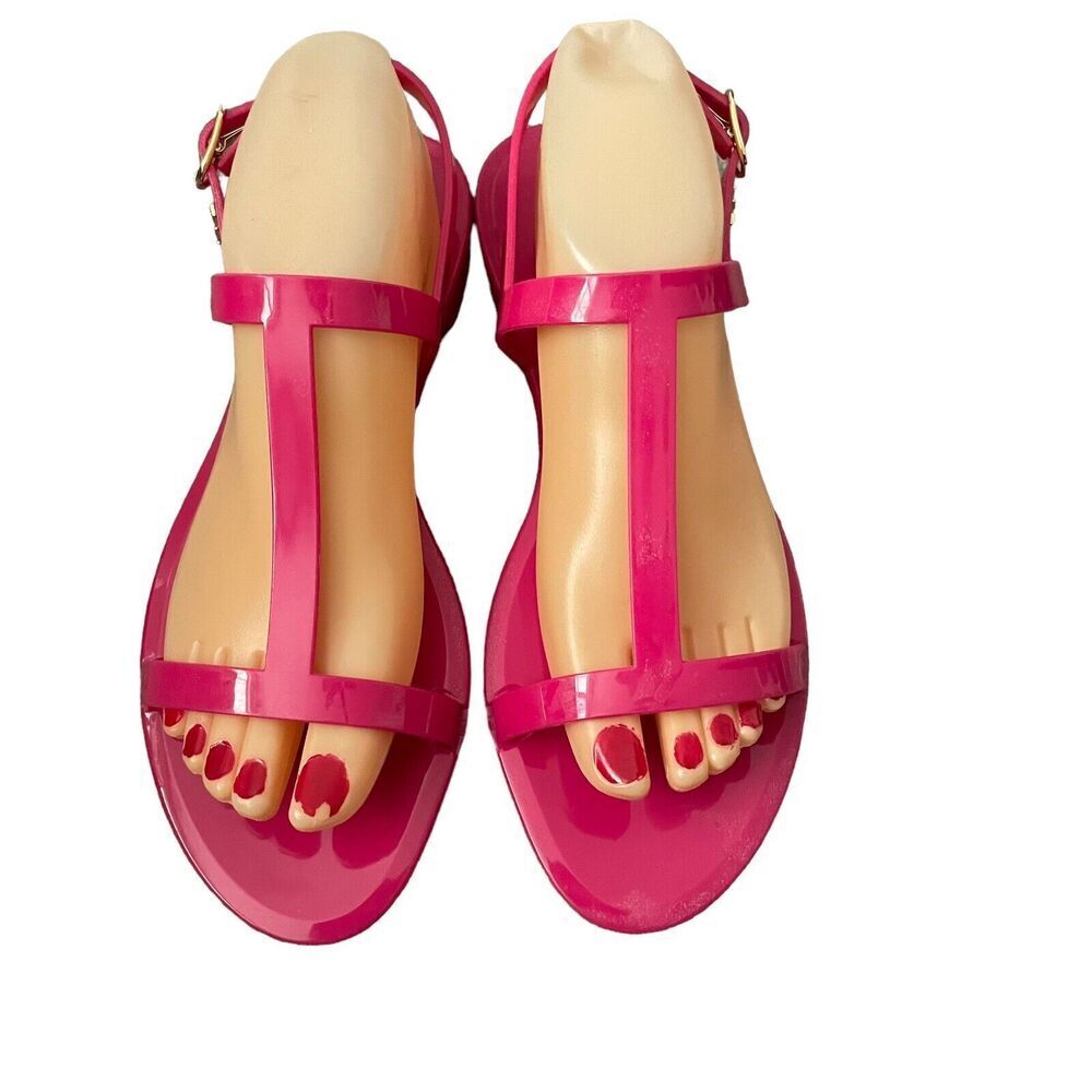 Stuart Weitzman Jelly Sandals Size 9 Mellie Hot Pink Rubber Ankle T-Strap Resort - Picture 2 of 12